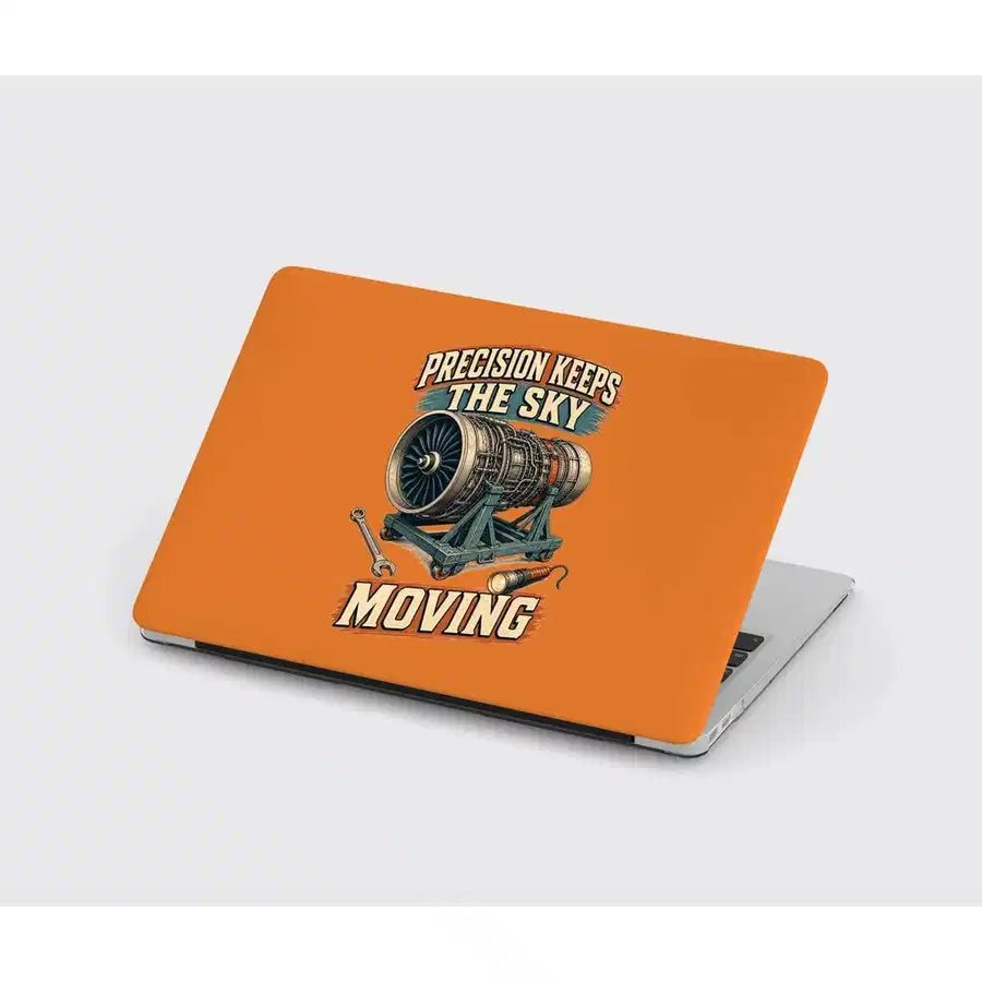 Precision Keeps The Sky Moving design on orange MacBook case