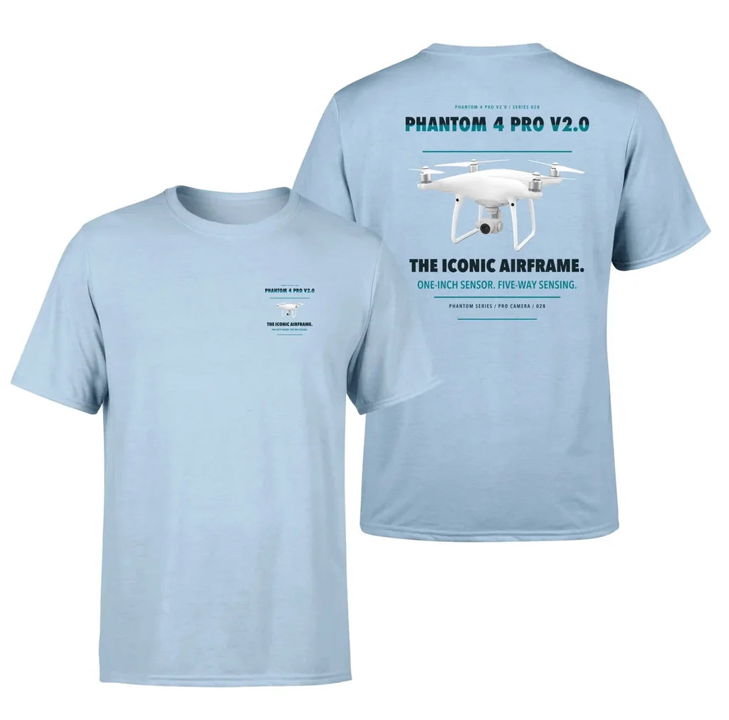 DJI Phantom 4 Pro V2.0 design on light blue t shirt