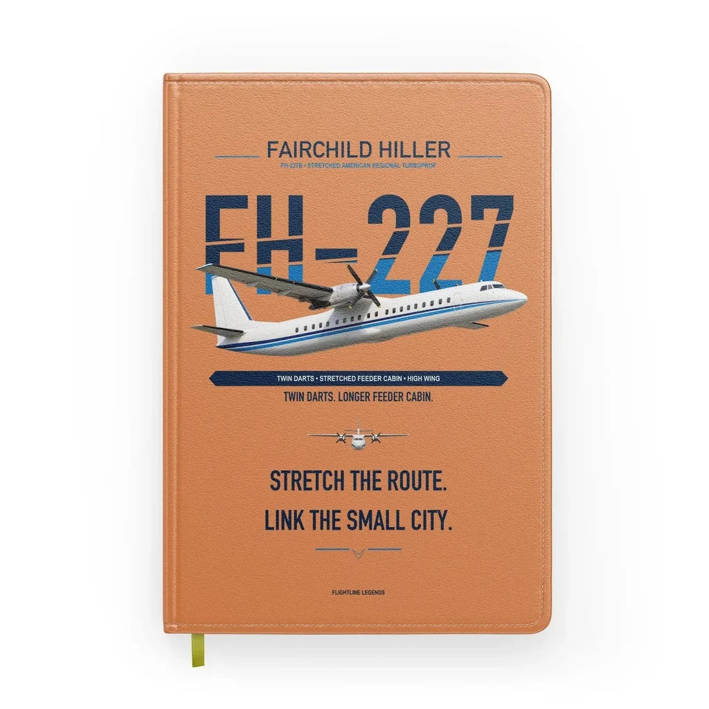 Fairchild Hiller FH-227B design on orange notebook