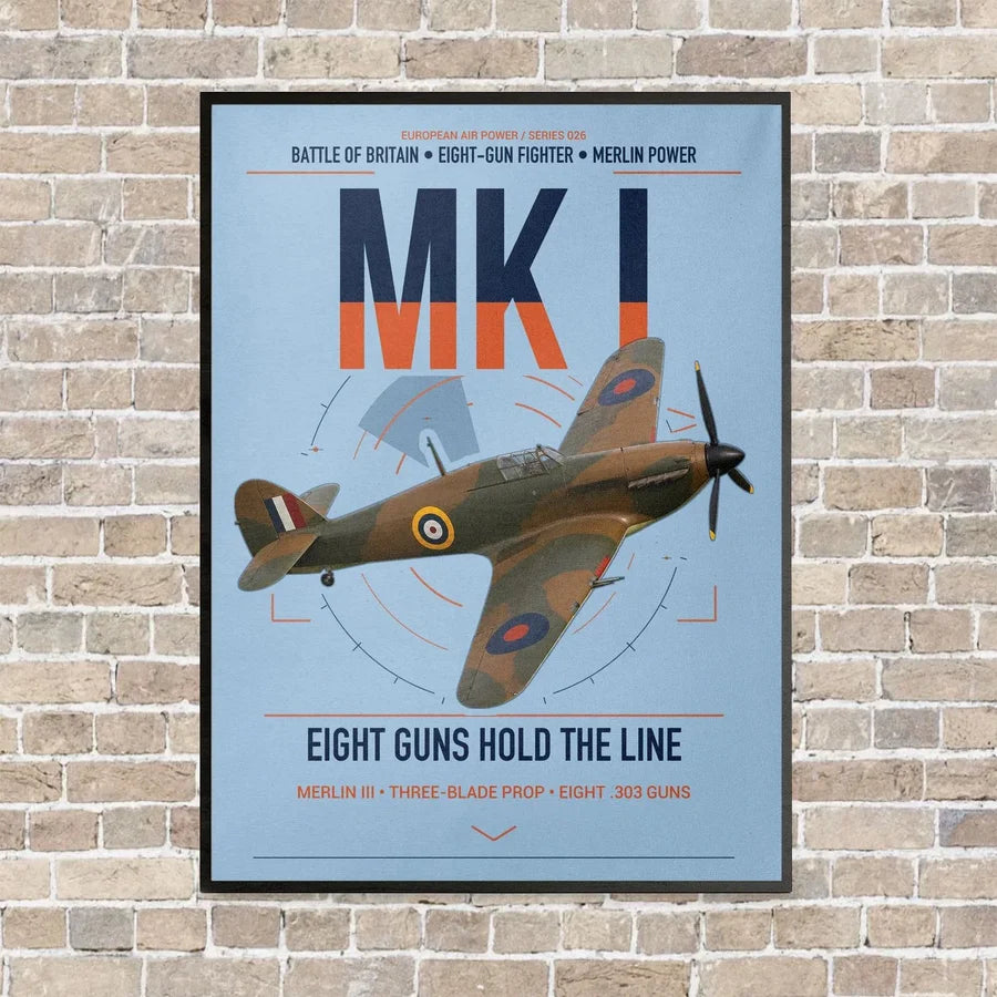 Hawker Hurricane Mk I vertical canvas print - framed - light blue background