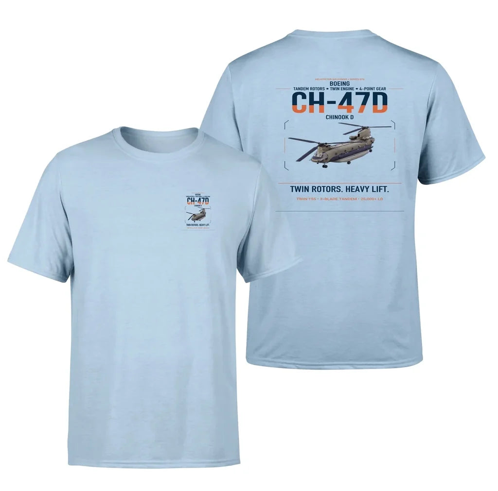 Boeing CH-47D design on light blue t-shirt, double-side print