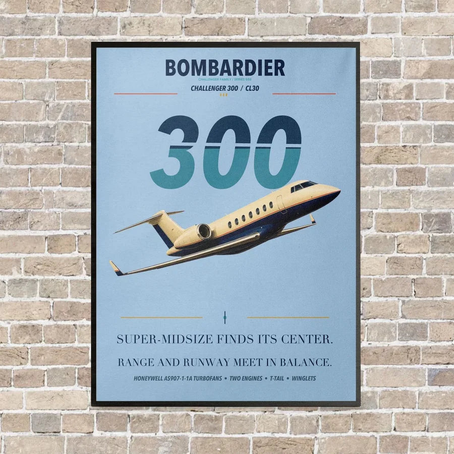 Bombardier Challenger 300 vertical canvas print - framed - light blue background