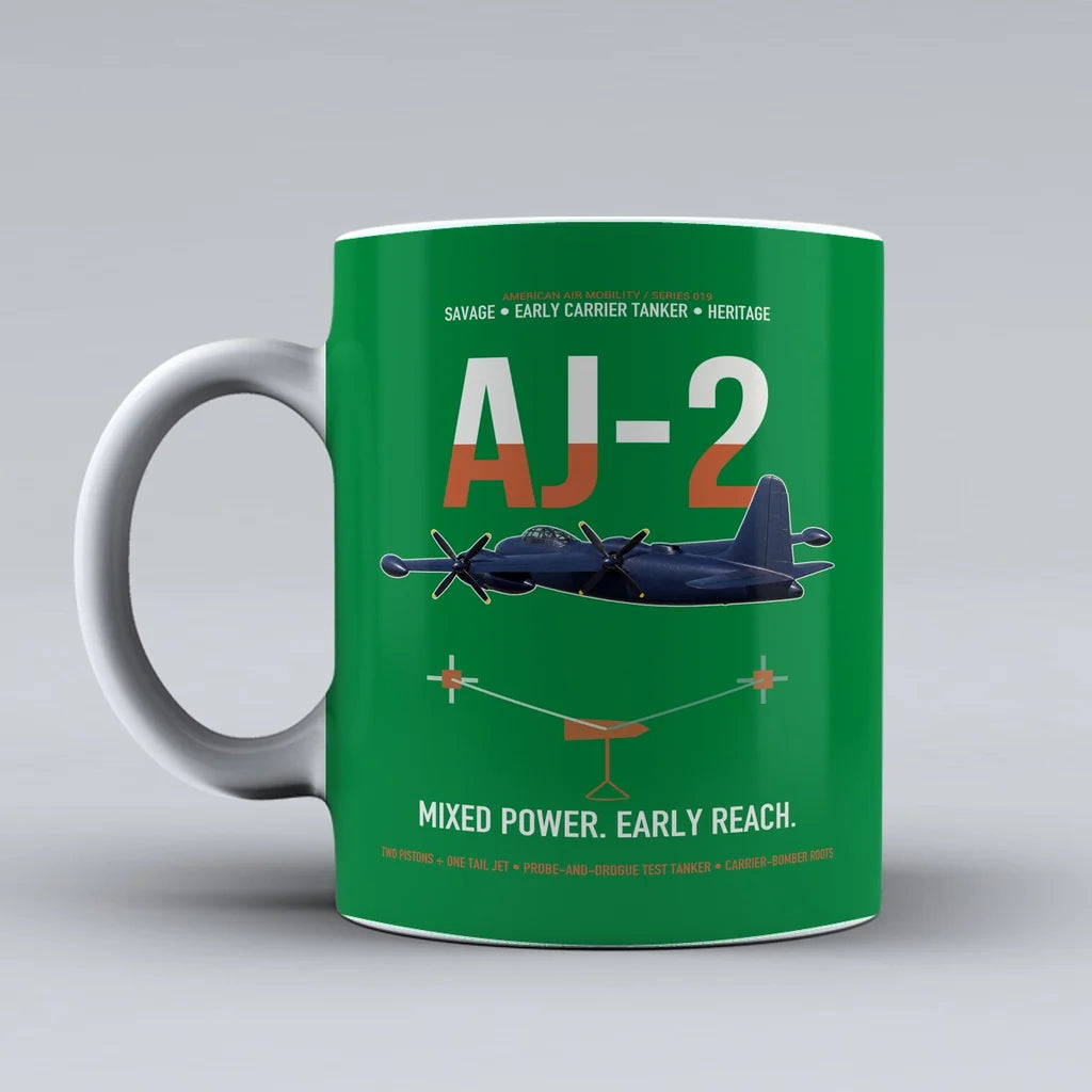 AJ-2 Savage Tanker design on green ceramic mug, double-side print