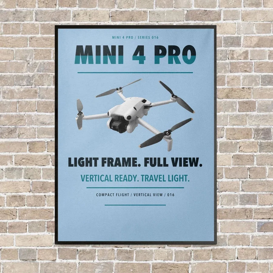 DJI Mini 4 Pro vertical canvas print - framed - light blue background