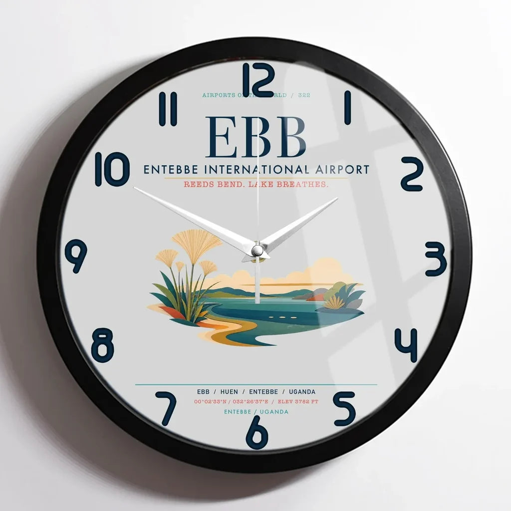 Entebbe International Airport (EBB) design on light gray framed wall clock