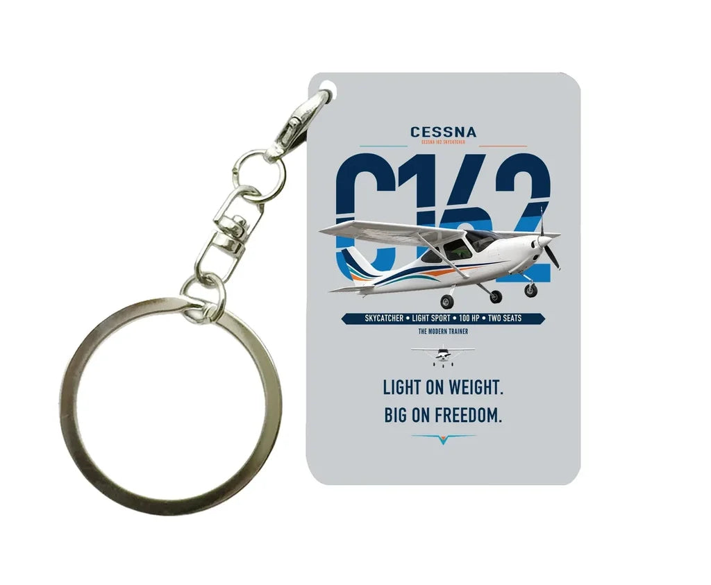 Cessna 162 Skycatcher design on light gray designed key chain, double-side print