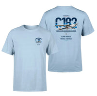 Thumbnail for Cessna 182 Skylane design on light blue t-shirt, double-side print
