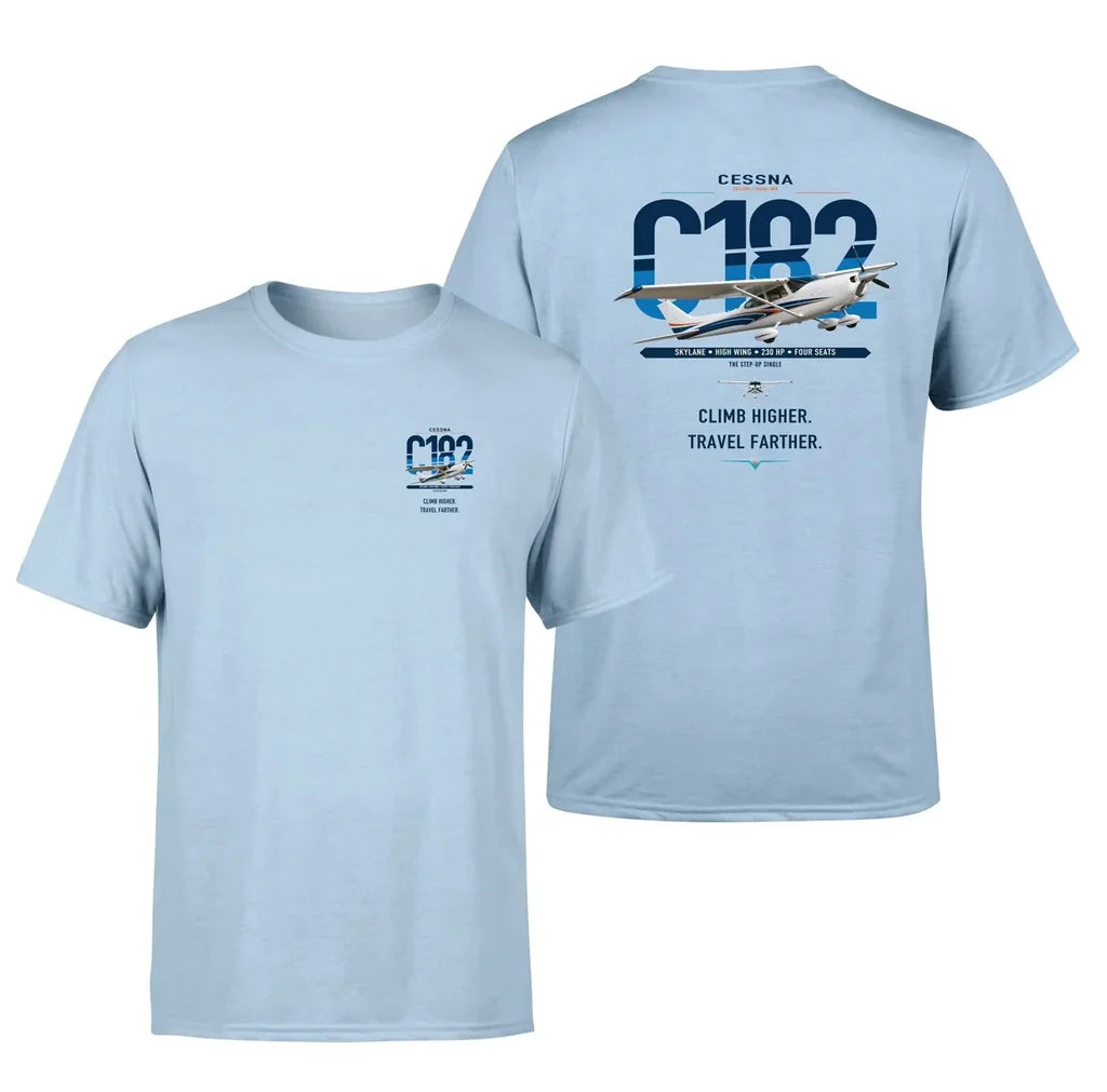Cessna 182 Skylane design on light blue t-shirt, double-side print