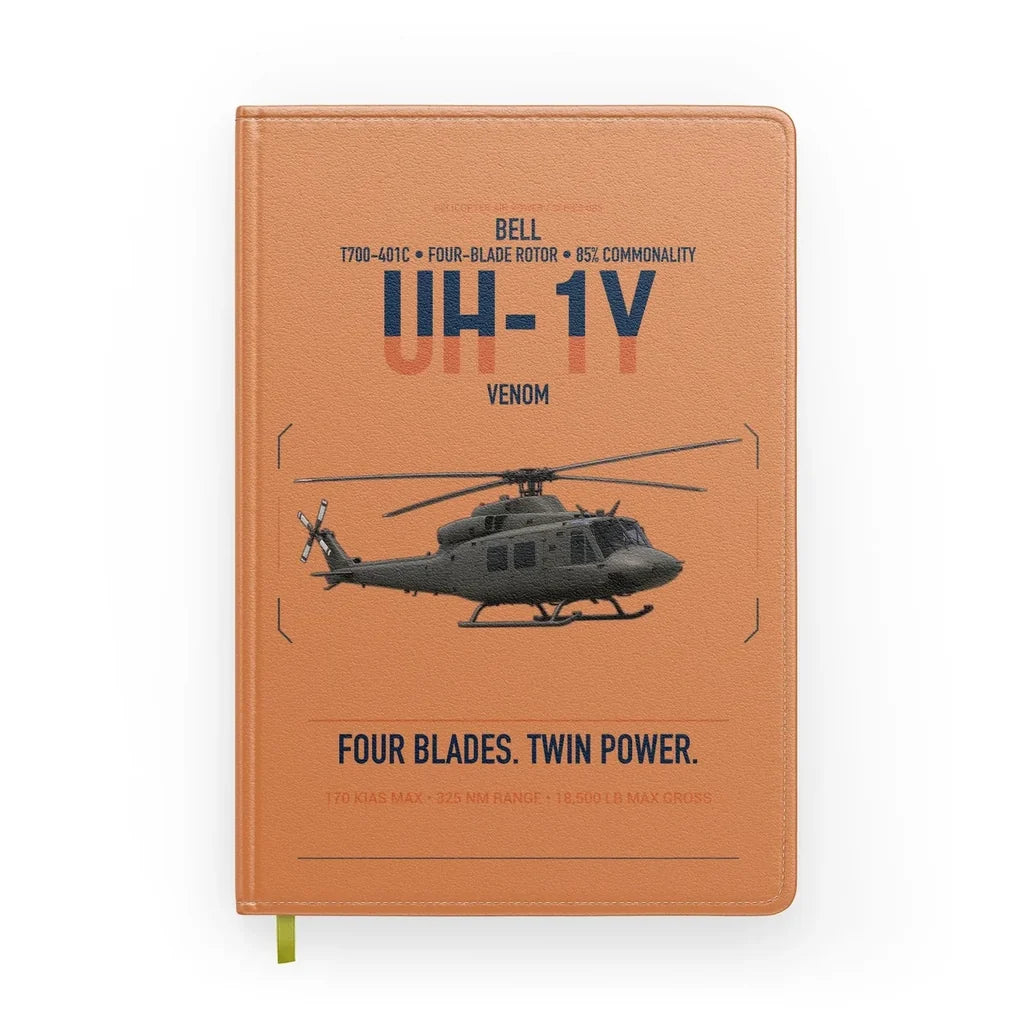 Bell UH-1Y Venom design on orange notebook