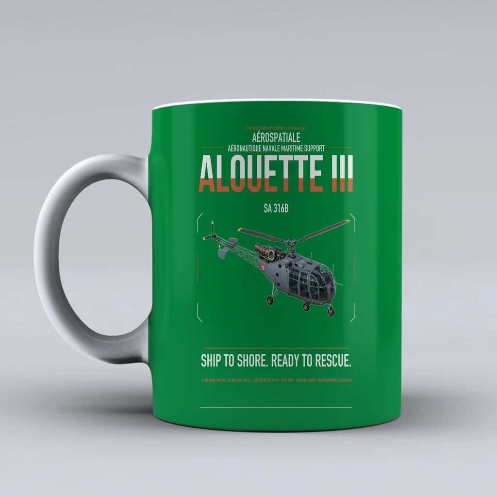 Aérospatiale SA 316B Alouette III design on green ceramic mug, double-side print