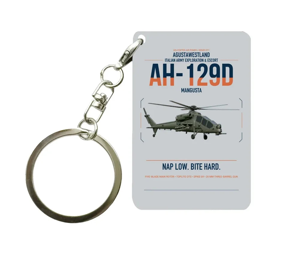 AgustaWestland AH-129D Mangusta design on light gray designed key chain, double-side print