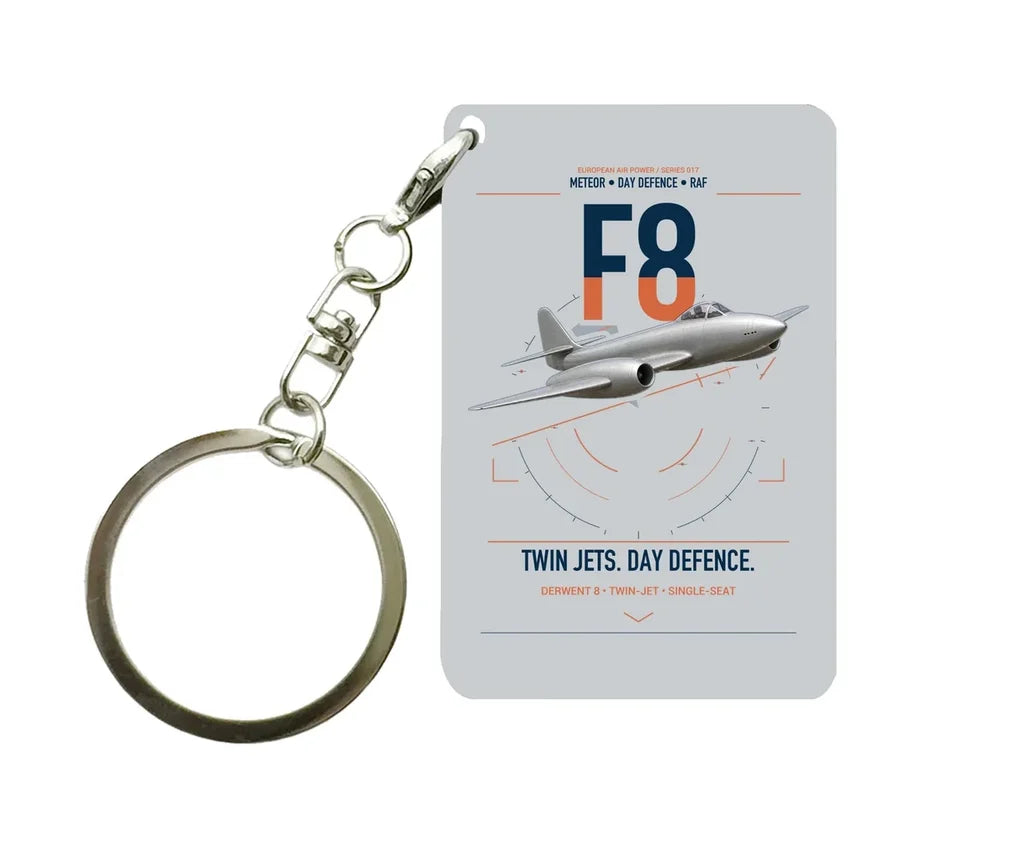 Gloster Meteor F8 design on light gray designed key chain, double-side print