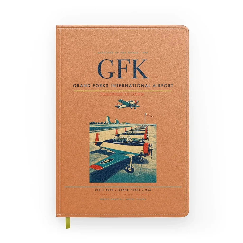Grand Forks International Airport (GFK) design on orange notebook