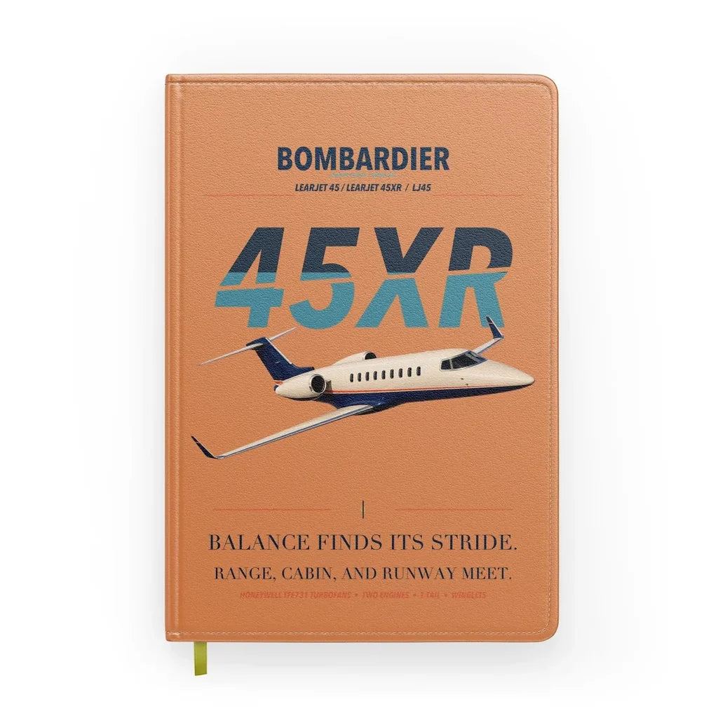 Bombardier Learjet 45XR design on orange notebook