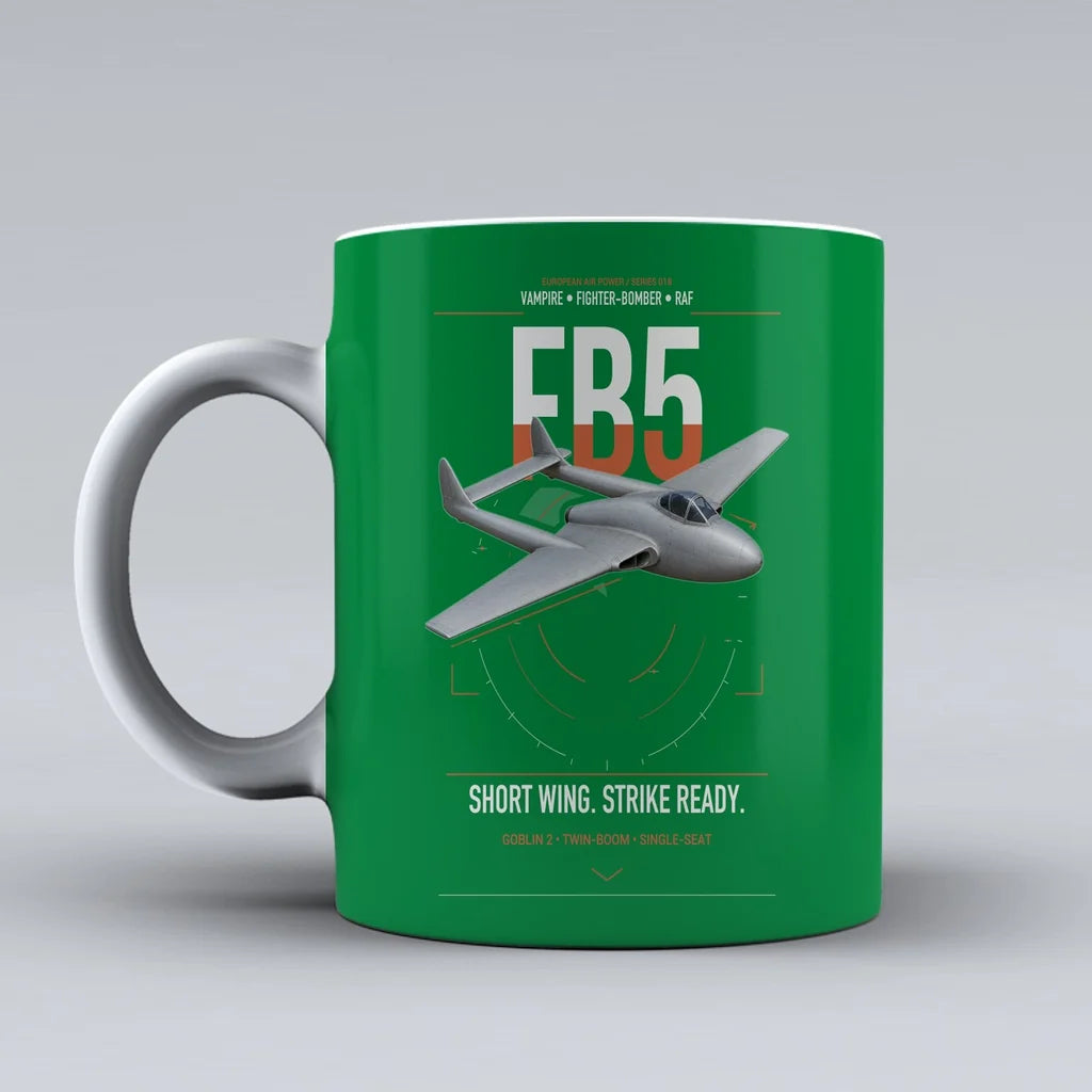 de Havilland Vampire FB5 design on green ceramic mug, double-side print