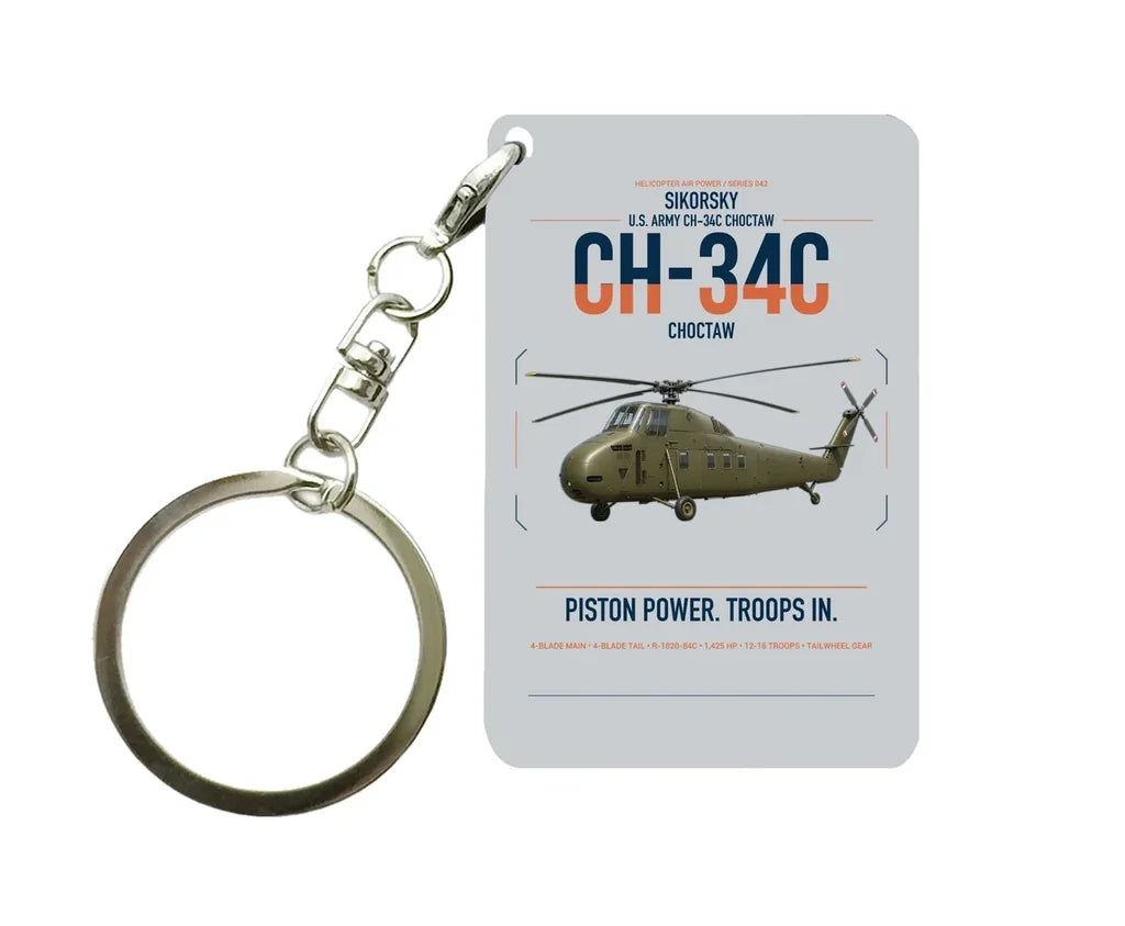 Sikorsky CH-34C Choctaw design on light gray designed key chain, double-side print