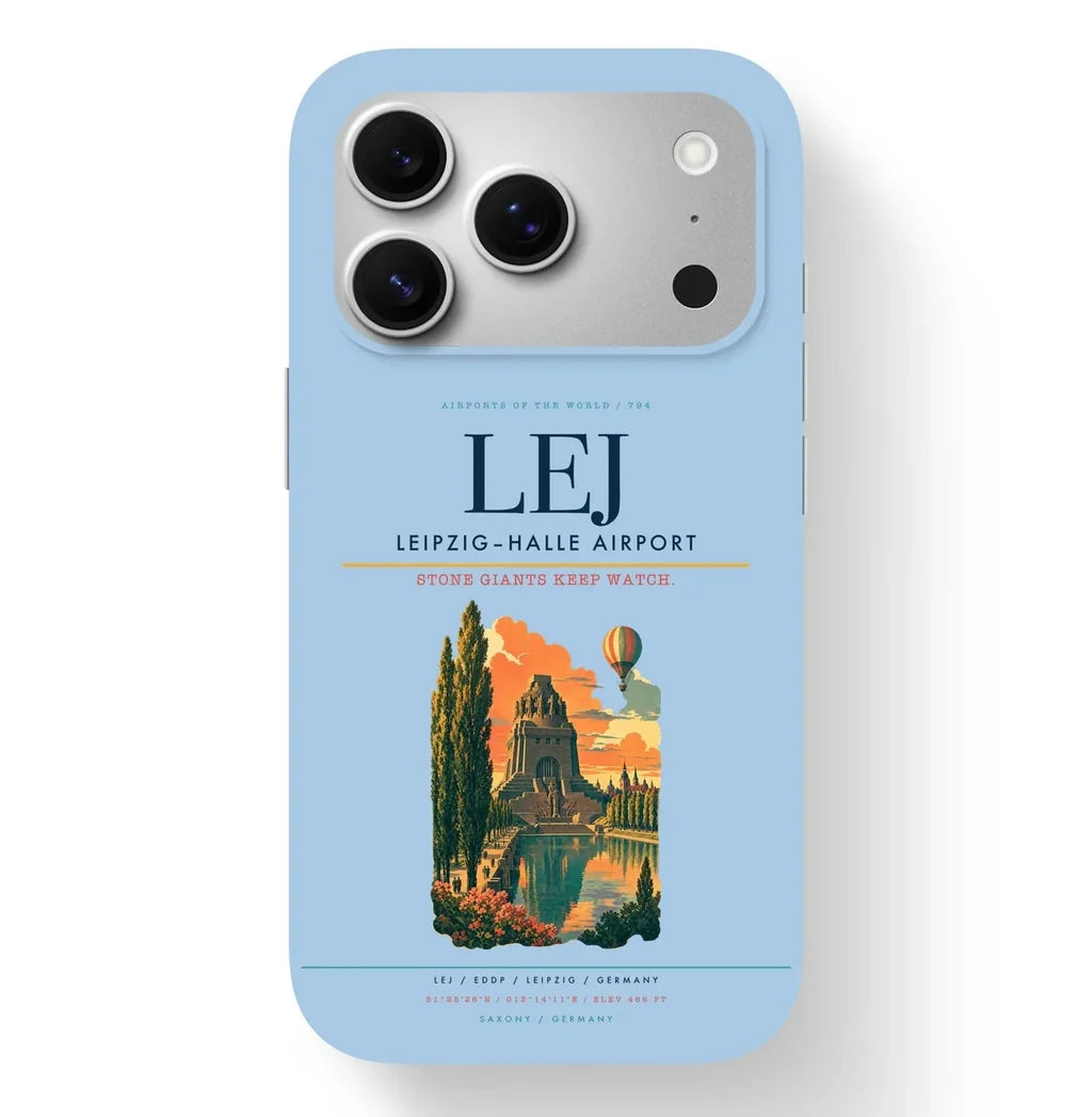 Leipzig Airport (LEJ) design on light blue iPhone 17 Pro MagSafe case
