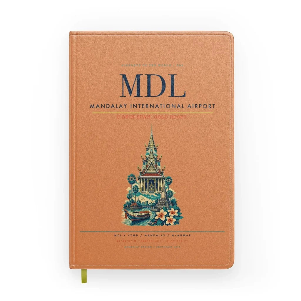 Mandalay International Airport (MDL) design on orange notebook