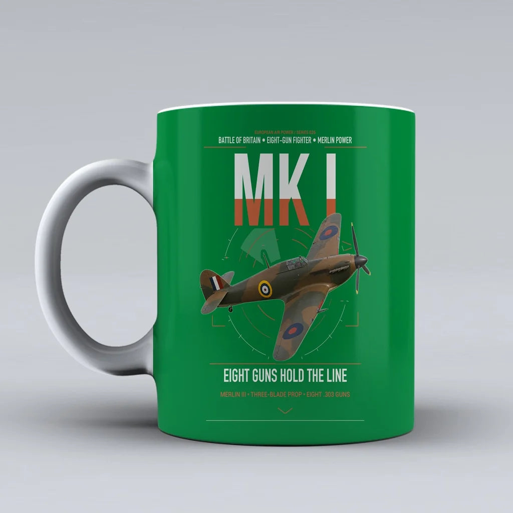 Hawker Hurricane Mk I design on green ceramic mug, double-side print