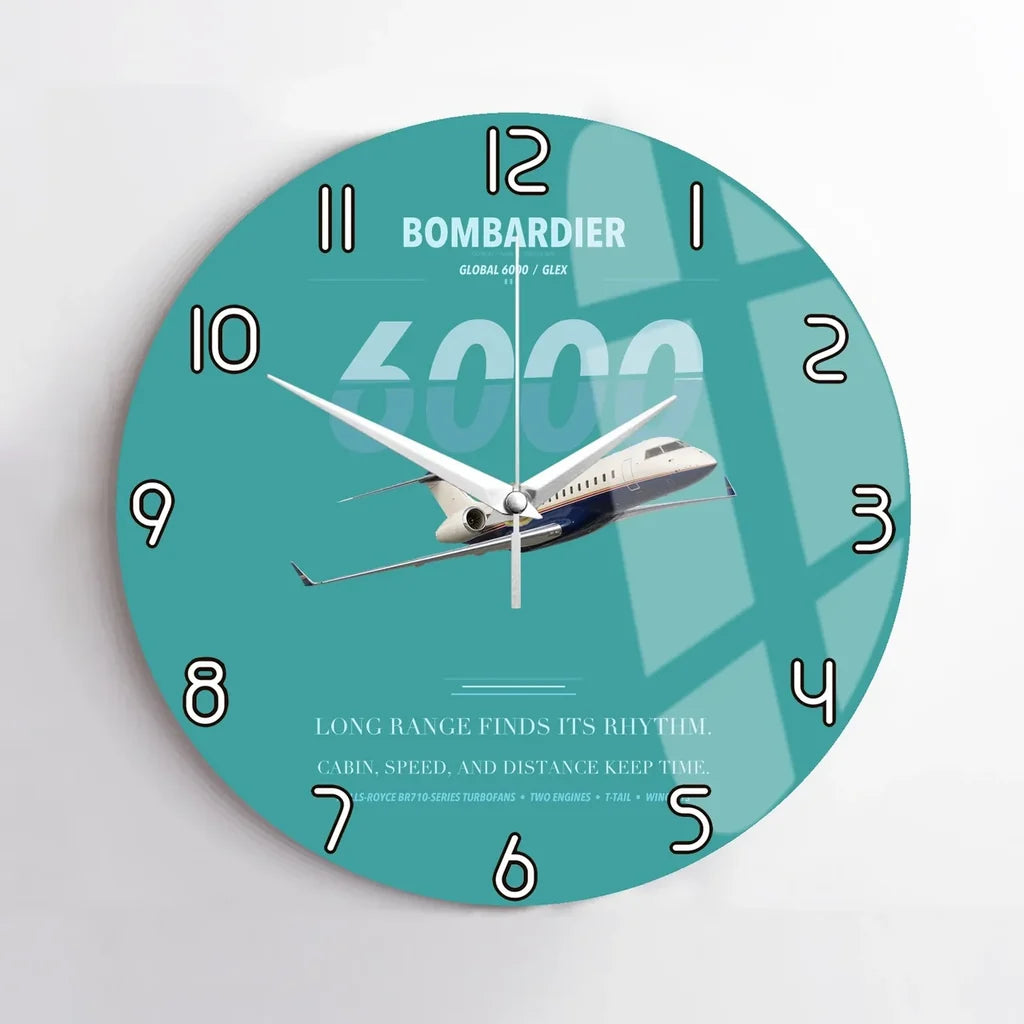 Bombardier Global 6000 design on turquoise no frame wall clock