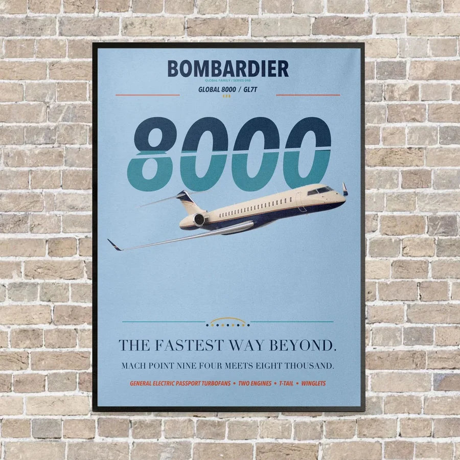 Bombardier Global 8000 vertical canvas print - framed - light blue background