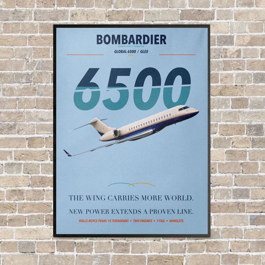 Bombardier Global 6500 vertical canvas print - framed - light blue background