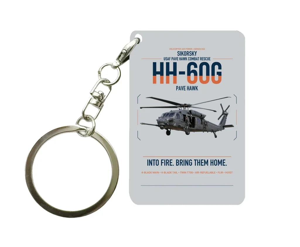 Sikorsky HH-60G Pave Hawk design on light gray designed key chain, double-side print