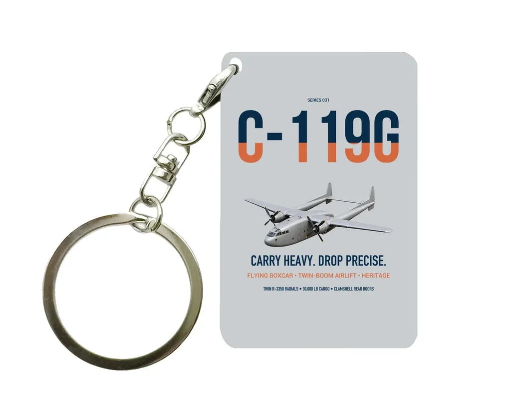 C-119G Flying Boxcar design on light gray designed key chain, double-side print