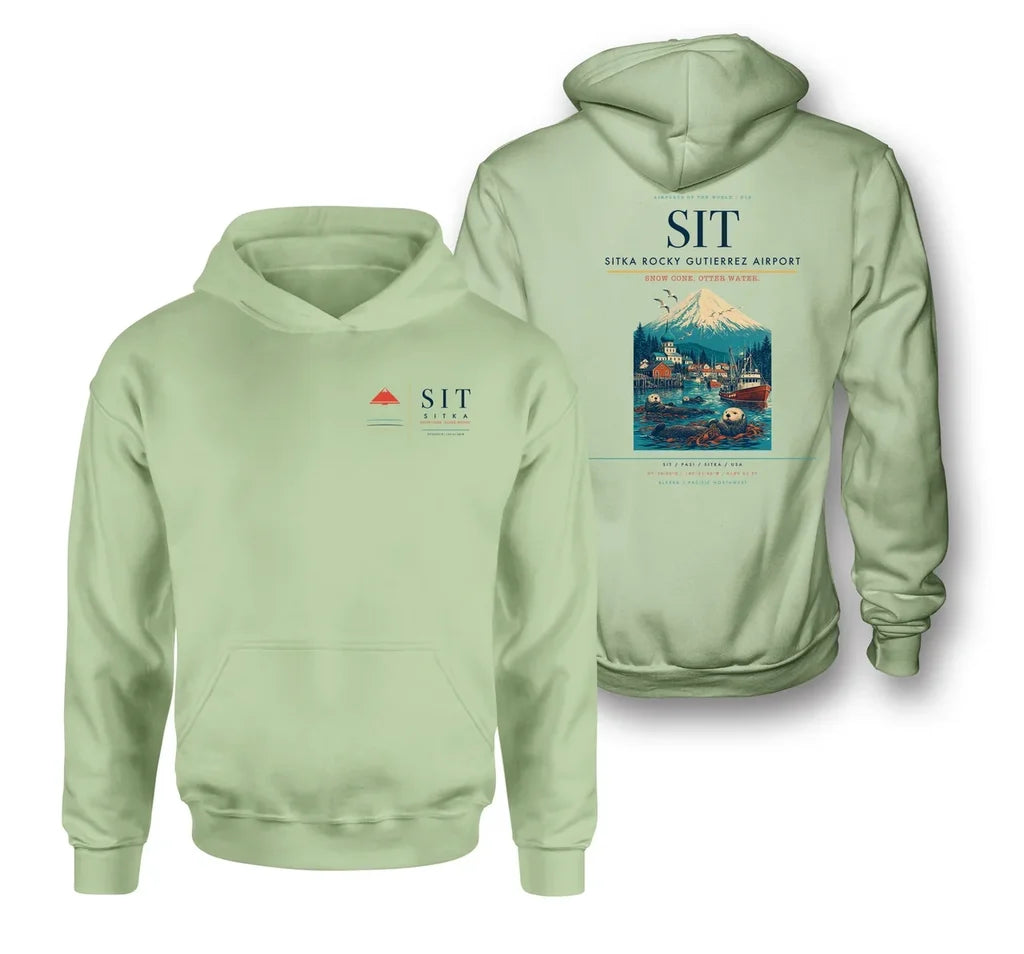 Sitka Rocky Gutierrez Airport (SIT) design on light green double-side hoodie