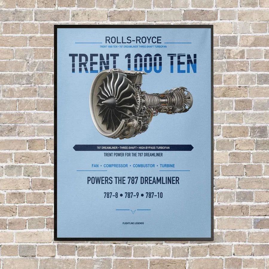 TRENT 1000 TEN vertical canvas print - framed - light blue background