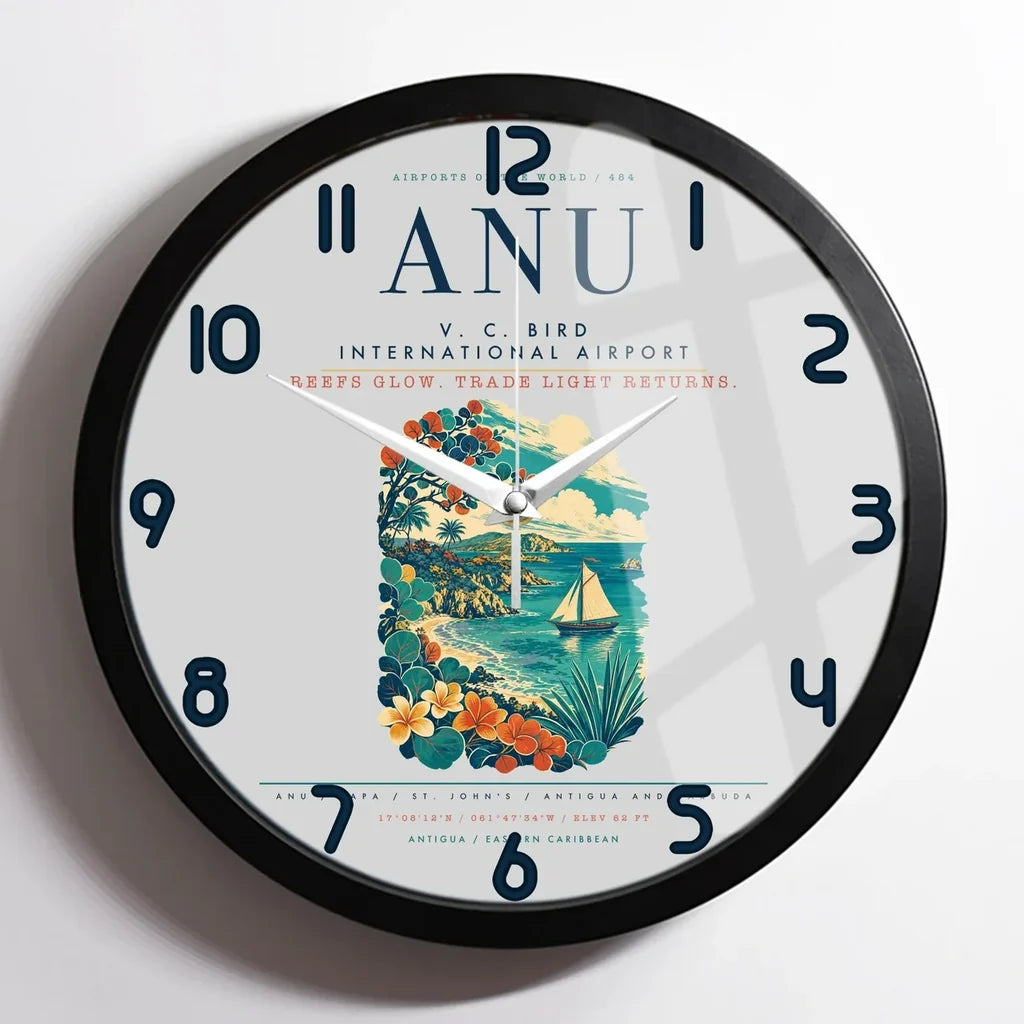 V. C. Bird International Airport (ANU) design on light gray framed wall clock