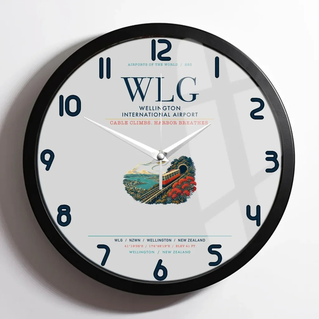 Wellington International Airport (WLG) design on light gray framed wall clock