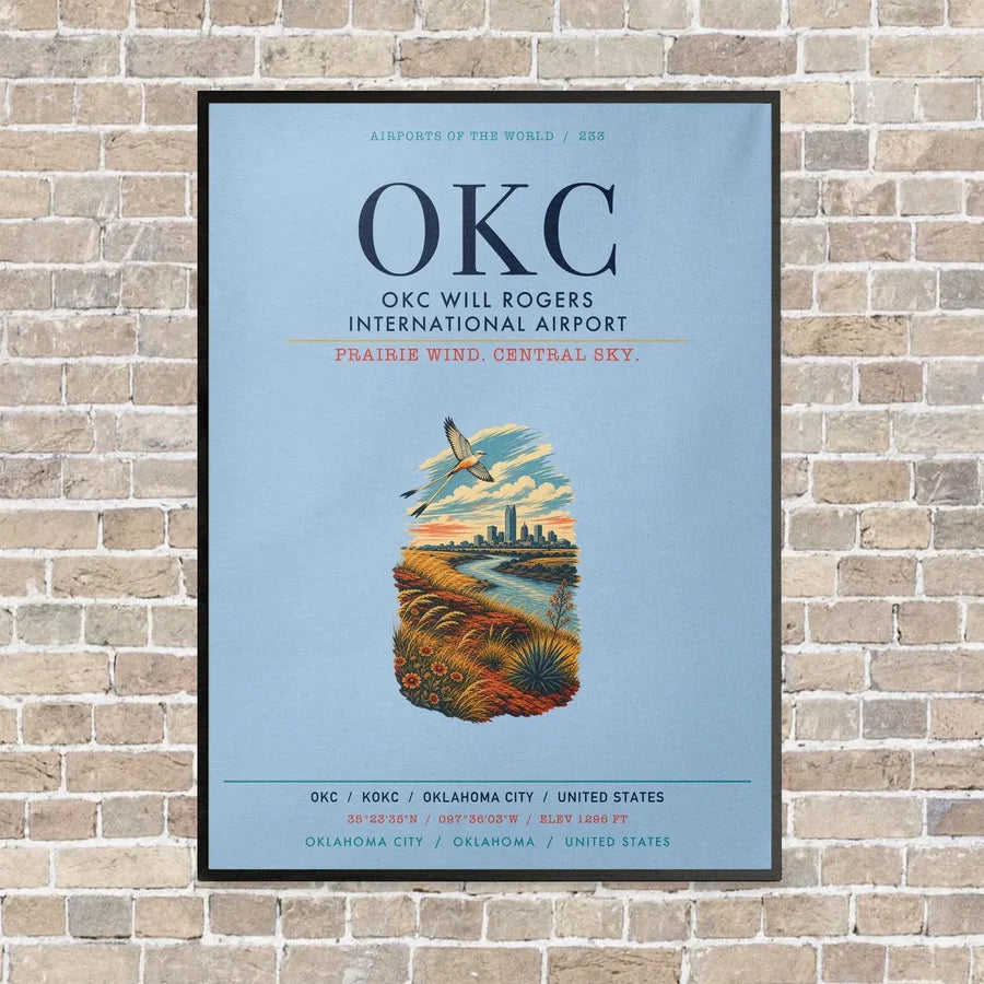 OKC Will Rogers International Airport OKC vertical canvas print - framed - light blue background