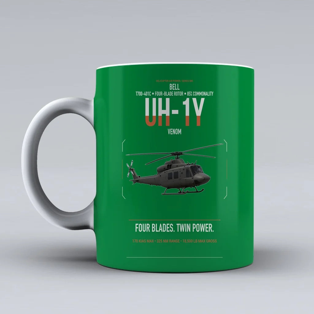 Bell UH-1Y Venom design on green ceramic mug, double-side print