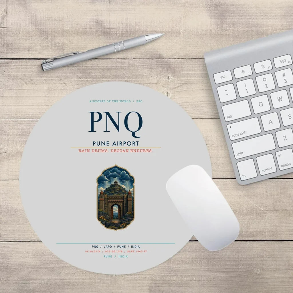 Pune Airport (PNQ) design on light gray round mouse pad
