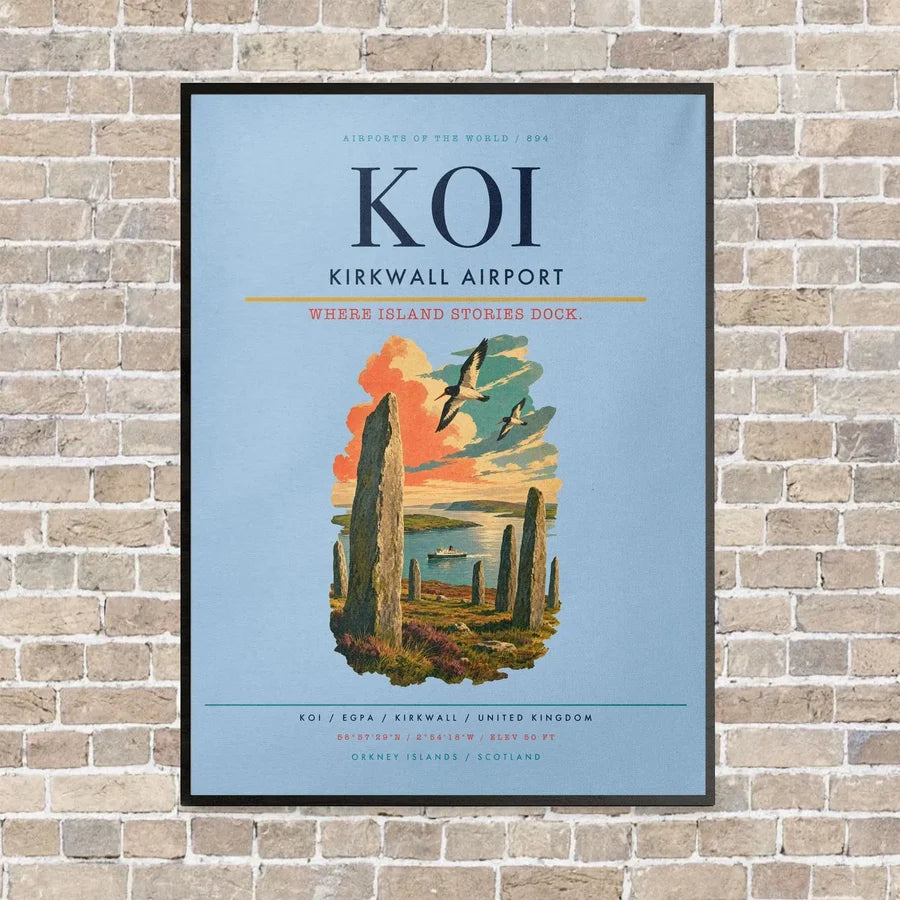 Kirkwall Airport KOI vertical canvas print - framed - light blue background