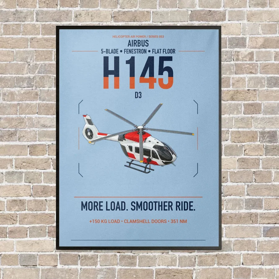 Airbus H145 D3 vertical canvas print - framed - light blue background