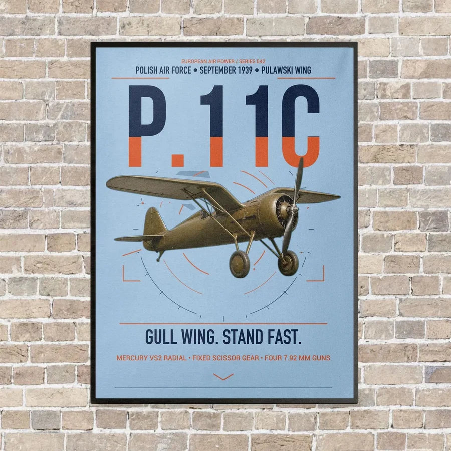 PZL P.11c vertical canvas print - framed - light blue background