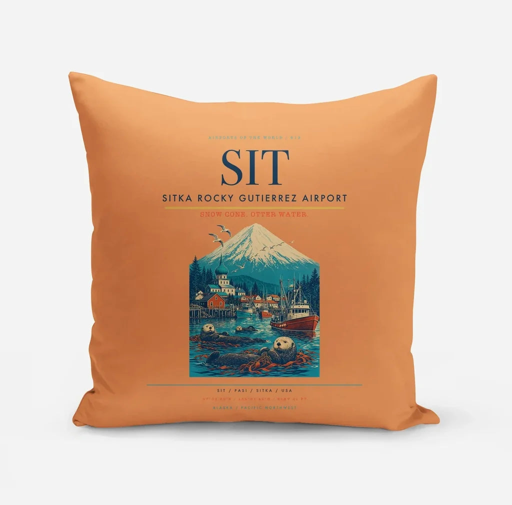 Sitka Rocky Gutierrez Airport (SIT) design on orange pillow