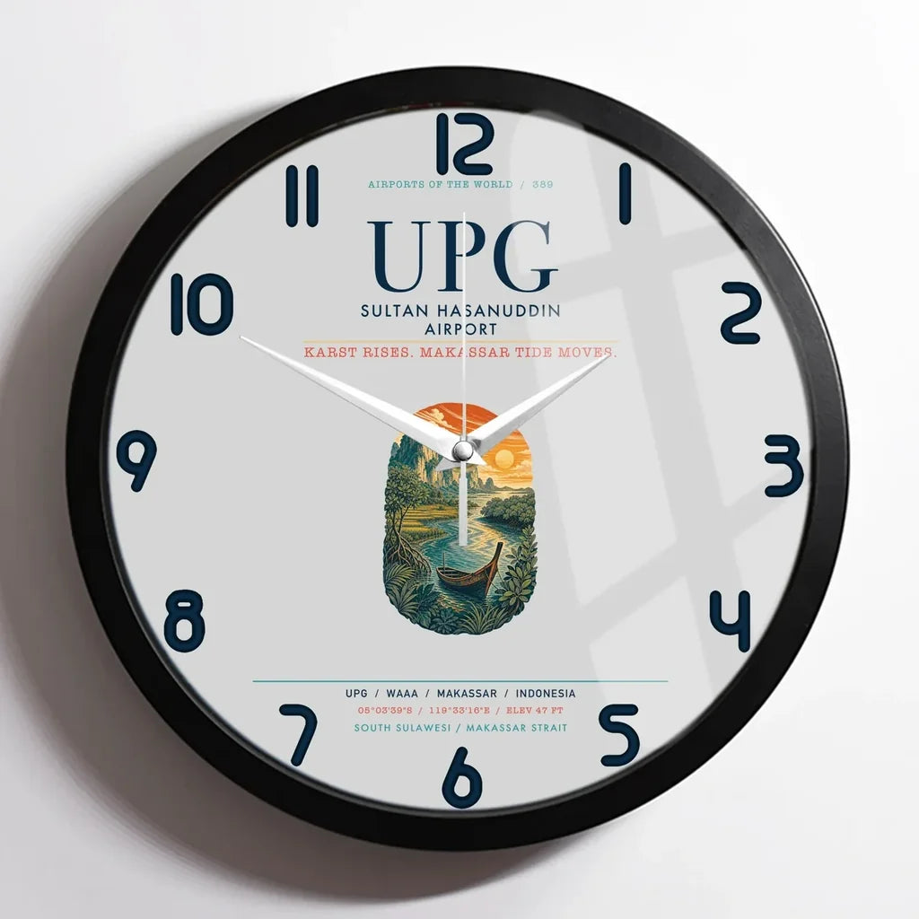 Sultan Hasanuddin Airport (UPG) design on light gray framed wall clock