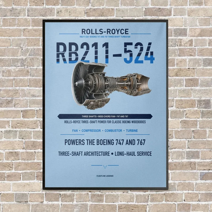 RB211-524 vertical canvas print - framed - light blue background