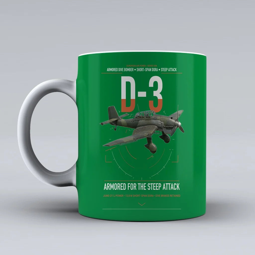 Junkers Ju 87D-3 design on green ceramic mug, double-side print