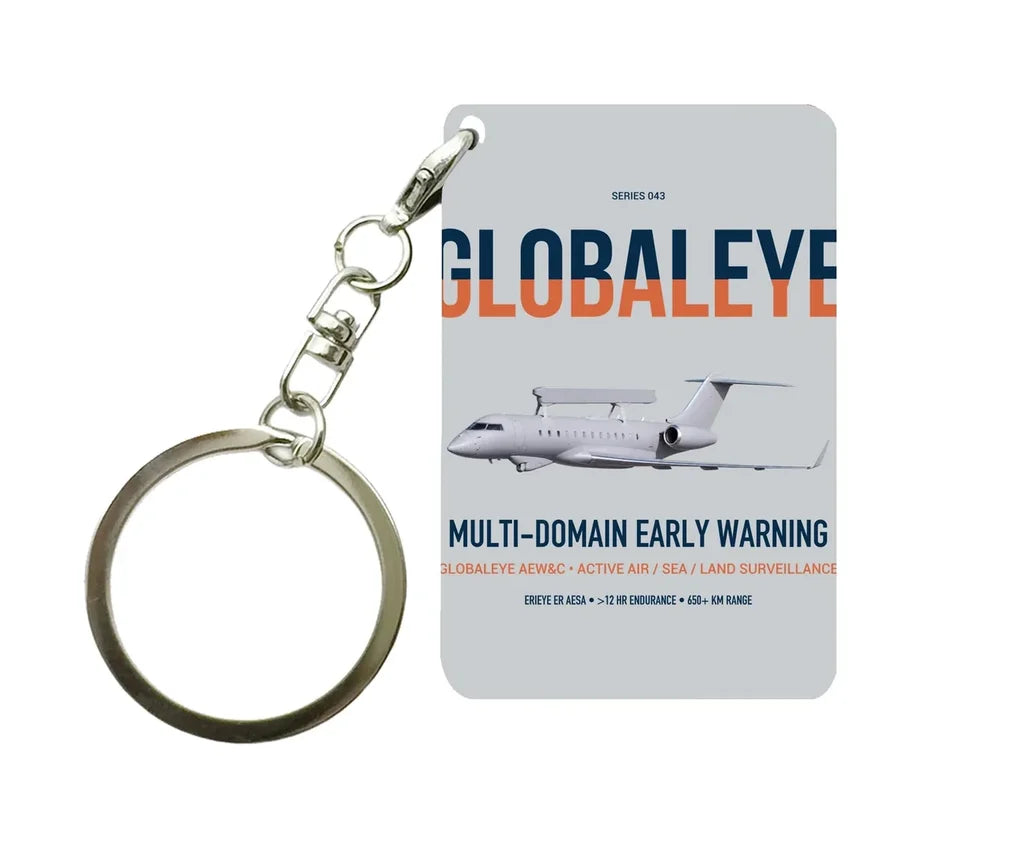 Saab GlobalEye design on light gray designed key chain, double-side print