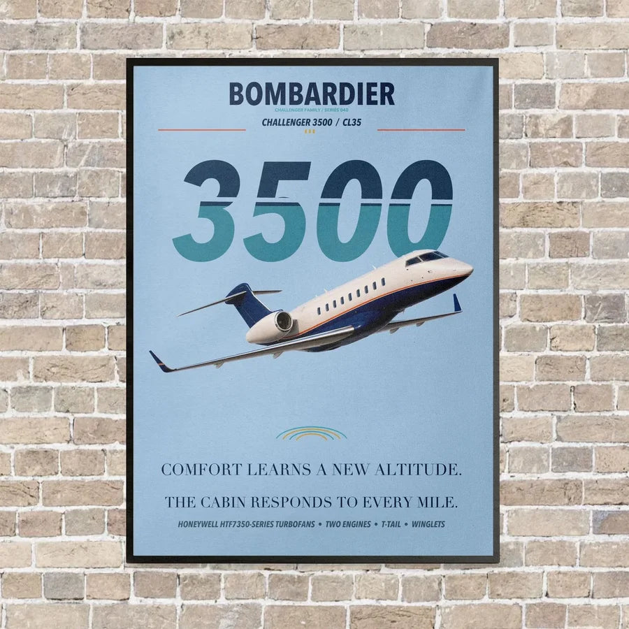 Bombardier Challenger 3500 vertical canvas print - framed - light blue background