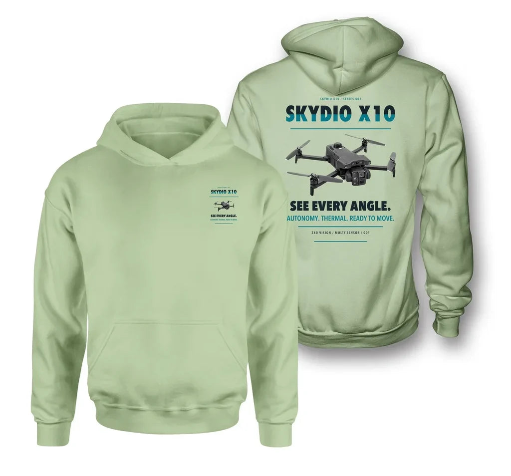 Skydio X10 design on light green hoodie