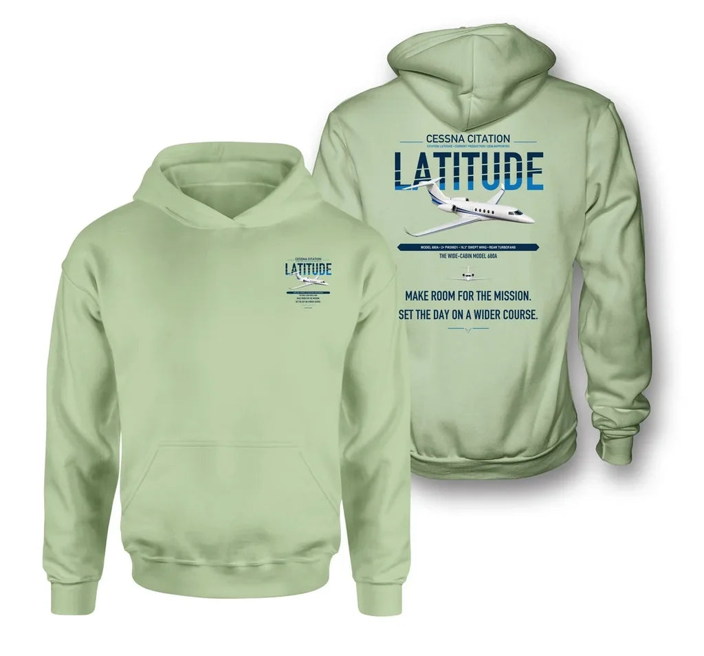 Cessna Citation Latitude design on light green double-side hoodie, double-side print