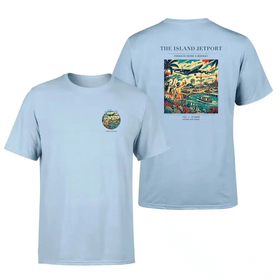 VINTAGE G4118 - The Island Jetport - Double-Side T-Shirt design on lightblue double side t shirt