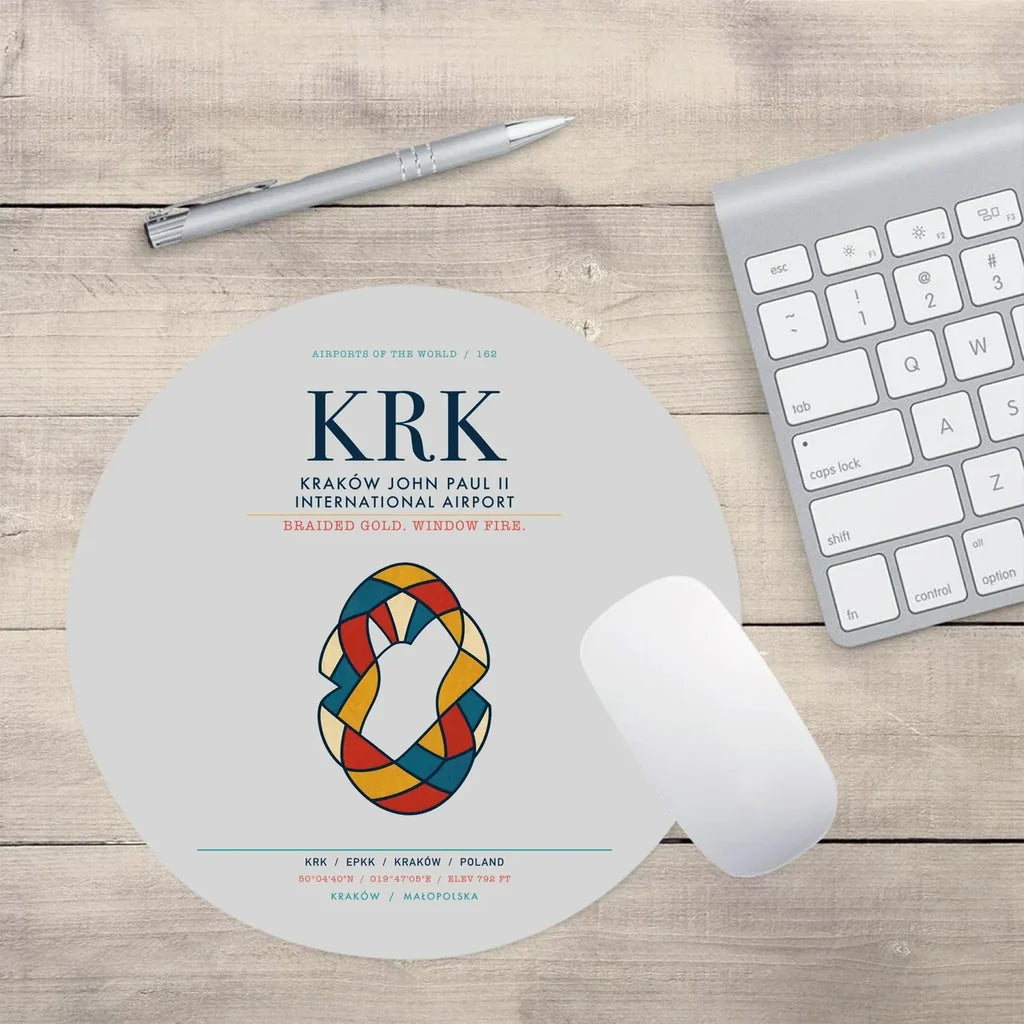 Kraków John Paul II International Airport (KRK) design on light gray round mouse pad