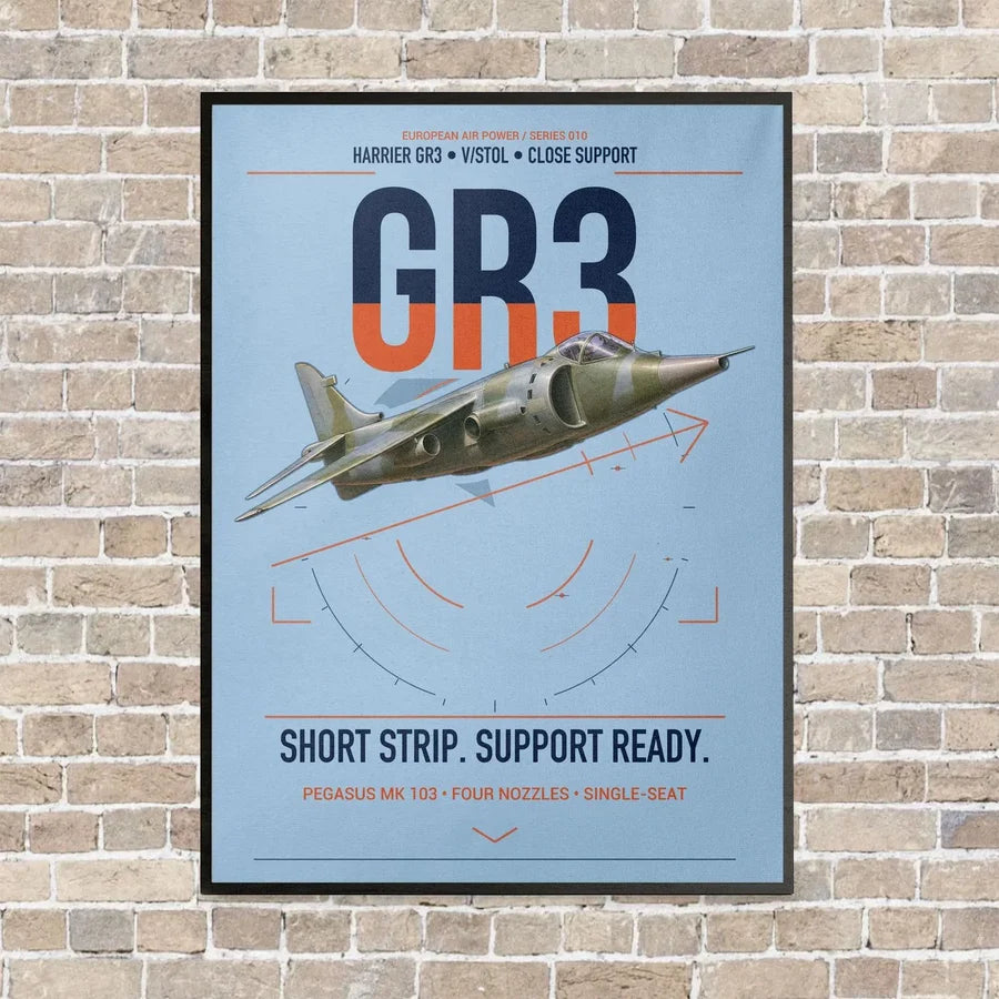 Hawker Siddeley Harrier GR3 vertical canvas print - framed - light blue background