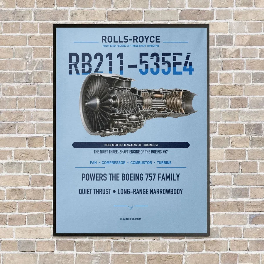RB211-535E4 vertical canvas print - framed - light blue background
